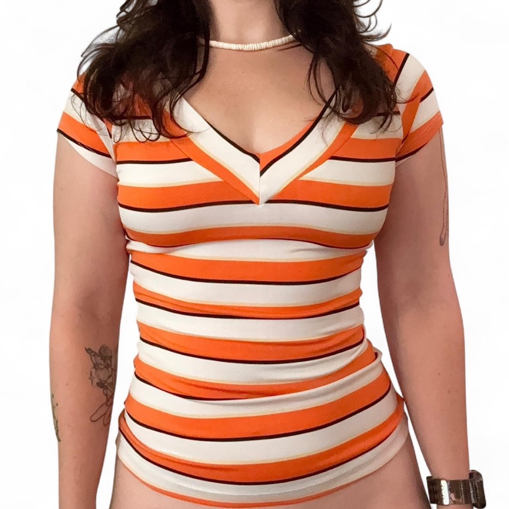 Vintage Y2K Sz M A. Byer Orange Black Yellow White Striped Stretchy V Neck Top